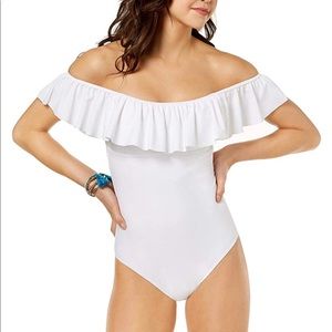 Raisins White Off-The-Shoulder Ruffled One Piece